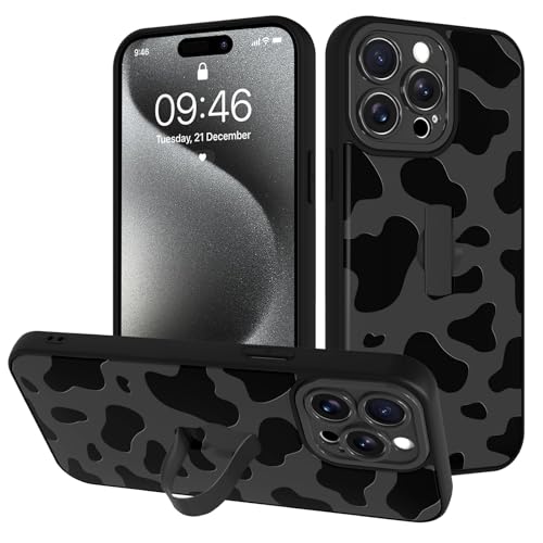 Image of for iPhone 15 Pro Max Case with Finger Strap Holder, Cute Cool Cow Print Pattern Design for Women Men, Shockproof Anti Scratch Hand Kickstand Protective Cover, Gray