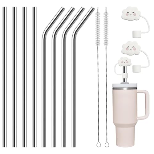 Realjoy 8 Piezas Pajitas Reutilizables, 31.5cm/12.4in Pajitas de Acero Inoxidable con 2 Cepillos de Limpieza y 2 Tapas, Pajitas Metal para Taza Stanley 40oz, Jugos, Cócteles