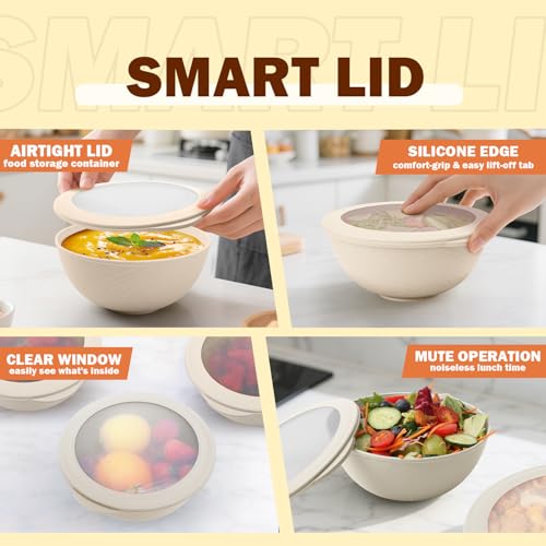 Image of Wheat Straw Bowls Set with Lids, Unbreakable 40 OZ Large Cereal Bowls Set of 4, Salad Container for Lunch, Microwave & Dishwasher Safe Bowl Set for Kitchen, Picnic, RV, Camping, Beige