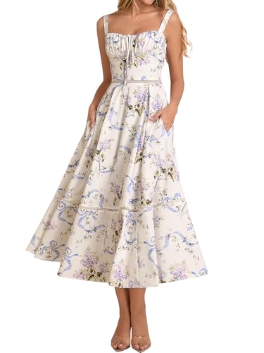 KUTUMAI Floral Corset Midi Dress Lace Up Cutout Flowy Summer Wedding Guest Dresses for Women Sundress with Pockets