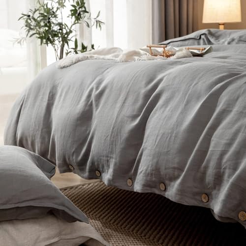 CHUFFED Linen Duvet Cover Single, Natural Linen Cotton Duvet Cover 2 pcs Bedding Set Soft Anti Allergic Breathable Bed Quilt Cover with Button Closure,140x200cm Gray - Image 6