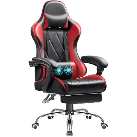 Shahoo Gaming Chair with Footrest and Massage Lumbar Support, Computer Game Chairs Ergonomic Office Seat Height Adjustable with Headrest, Red Cover