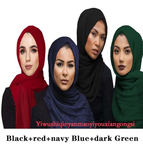 QYMY 4pcs Set Hijab Muslim Head Scarf Solid Color Long Scarf Wrap Scarves Cotton Scarf for Women Fashion L70.7”xW35.4” QY414 (Black+Red+Navy blue+Dark green(4pcs set）),Medium4