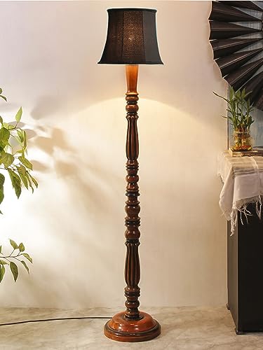 Image of Cylindrical Drum Floor Lamp with Wooden Base - Height 57 Inches, Black | Modern Standing Lamp for Home, Living Room, Bedroom & Office | Elegant Lighting Decor | Cotton