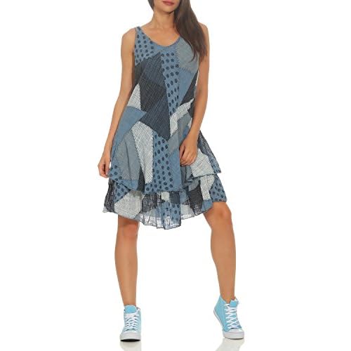 ZARMEXX Damen Sommerkleid Strand Kleid Patchwork-Print Ärmellos doppellagig A-Linie Jeansblau One Size (36-40)