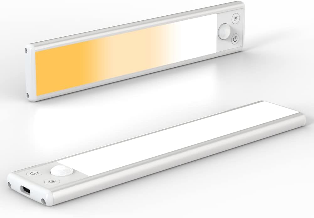 MOAMI 3 Color Led Closet Light, 66-Led Dimmable USB Rechargeable Motion Sensor Magnetic Under Cabinet Lights 1100mAh Battery Operated White Strip Lighting, 20cm/7.8inch, Pack of 2