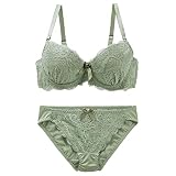 [シロハト] ソニア 花柄スカラップレース リボン ブラジャー ショーツ セット(GR-グリーン、D85-LL)