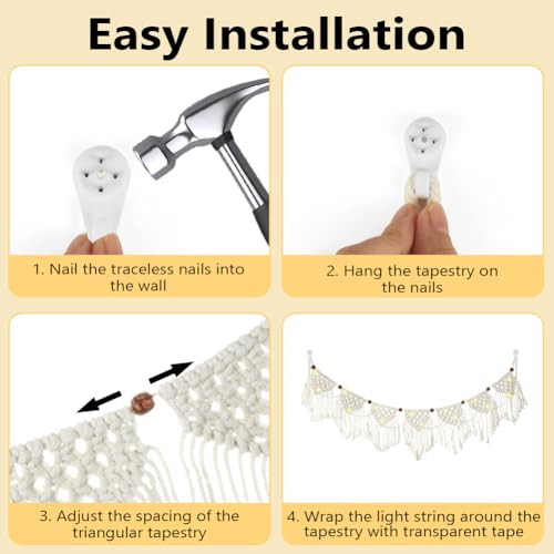 AOOHA Makramee Wandbehang,Boho Deko Makramee Wandbehang Handgewebt mit 3M LED Lichterkette,Gewebte Wanddeko Dekoration mit 7 Flaggen für Wohnzimmer Schlafzimmer Hochzeit Party