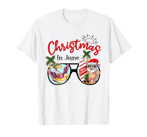 Christmas in June Sunglasses Santa Flamingo Summer Vacation T-Shirt