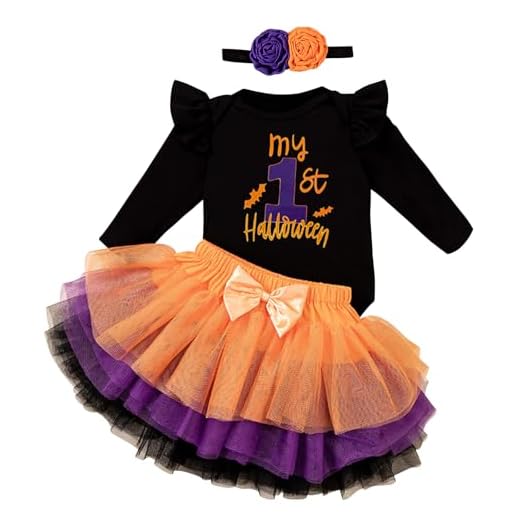 Kunyeah 3Pcs Primer disfraz de Halloween para bebé niña Vestido de bebé Romper Falda Tutú con Lazo y Cinta para la Cabeza Body Acción Gracias para Recién Nacido (My First, 3-6 meses)