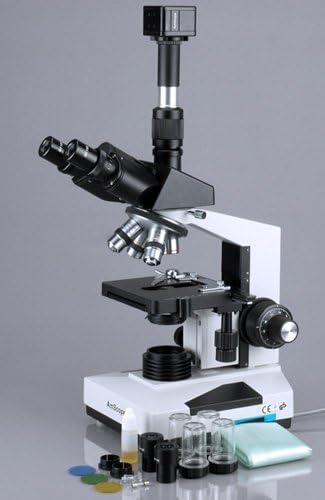 AmScope T490A-M Digital Compound Trinocular Microscope, WF10x and WF16x Eyepieces, 40X-1600X Magnification, Brightfield, Halogen Illumination, Abbe Condenser, Double-Layer Mechanical Stage, Sliding Head, High-Resolution Optics, Includes 1.3MP Camera with Reduction Lens and Software
