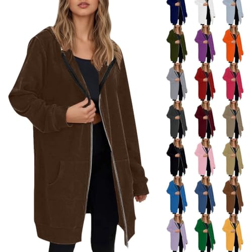 GOSEAGOTOFUN Womens Fleece Jacket Long Zip Up Hoodie Oversized Casual Long Sleeve Sweatshirts Fall Winter Fashion Warm Coat 01-Brown Medium