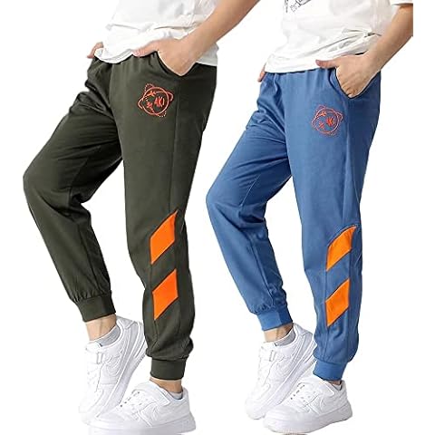 Welity Boys Cotton Jogger Pants Drawstring Elastic Waist Sweatpants 2 Pack, M-Green/Blue, Size 9-10 Years = Tag 150 Cover
