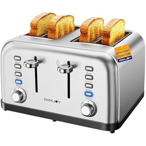RAMJOY Toaster 4 Slice, Dual Independent Controls, Extra Wide Slot Toasters for Bagel, Bread, Waffles, 7 Shade Settings, 4 Main Functions, Removable Crumb Tray, 1500 Watts, Brushed Stainless Steel Cover