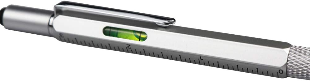 DUNBONG Metal Multi tool Pen 6-in-1 Stylus Pen - With Screwdriver, Ballpoint Pen Black ink, Stylus pen, Level and Ruler, 1-Count (Silver)
