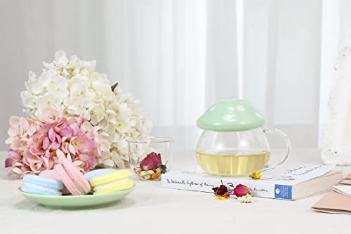 Mushroom Cup Glass Tea Cup With Lid Tray Strainer Filter Infuser For Loose Leaf Tea Cute Tea Mug In Color Printing Gift Box 11Oz (Green) #TOP4