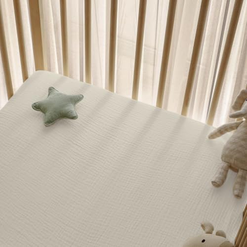 Image of Little Grape Land Muslin Crib Sheets Fitted for Boys and Girls 2 Pack, 100% Cotton Baby Bed Sheets Soft Breathable, Neutral Fitted Baby Mattress Sheets for Standard Crib (Bear, Crib Sheets)