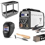 STAHLWERK Elektroden-Schweißgerät ARC 200 MD – 200 Ampere, Vollausstattung mit Schweißhelm, Elektroden und Gerätewagen, DC MMA/E-Hand, Lift-TIG, Hot-Start, Smartkühlung, Single-Board, sehr kompakt
