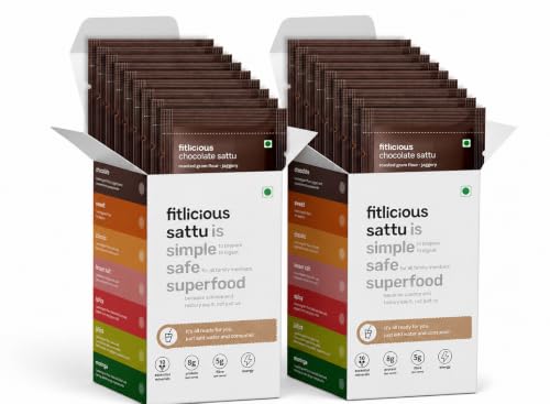 Image of fitlicious Chocolate Sattu Powder | Bihari Chana Sattu | Natural & Organic | Gluten-Free, Non-GMO | High Protein & Fiber | Instant PremiX | Healthy Drink For All Ages | Pack Of 20 X 40g Sachets