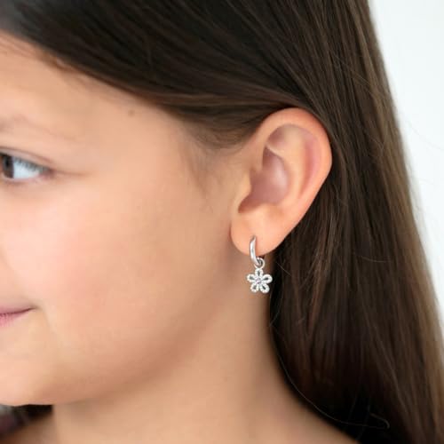 925 Sterling Silver Pink & Clear Cubic Zirconia Encrusted Flower Dangle Hoop Earrings for Young Girls 12mm - Formal Floral Hoop Earrings For Girls - CZ Dangle Hoops For Little Girls3
