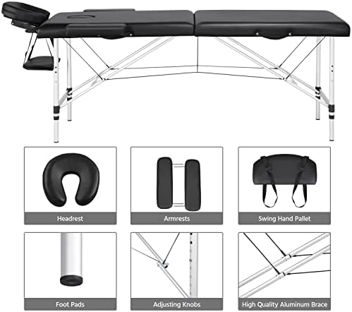 Yaheetech Portable Massage Table Foldable Spa Bed Tattoo Bed 2 Sections Beauty Bed Aluminium Therapy Couch Bed w/Cover Bag Black