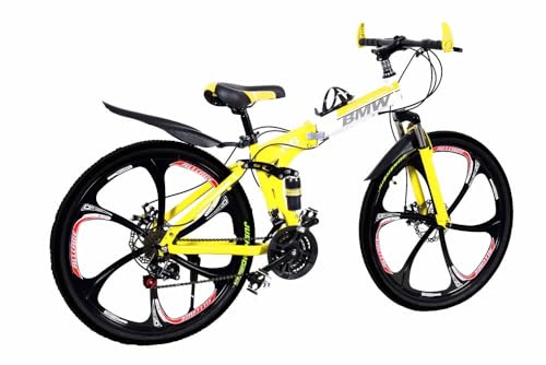 Image of Amaze Kai Dual Suspension Bikes Bm Foldable Gear Cycle for Men with 21 Speed Gear 6 Spoke | Folding Mountain Bike with Double Disc Break & Mac Wheel, 26 Inch (Yellow)