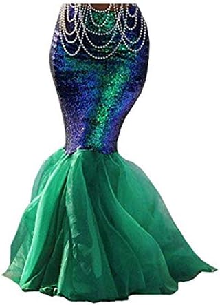 Sexy Women Mermaid Dress, Halloween Costume Fancy Party Glitter Sparkle Sequins Long Tail Skirt (Green, S)