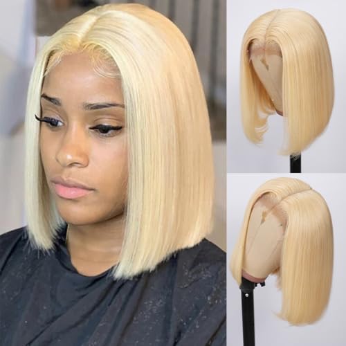 UTIDE Bob Wig Human Hair Straight 5x5 Lace Front Wig Human Hair 150% Density Short Straight Frontal Bob Wig 5x5 HD Transparent Lace Frontal Wig Pre Plucked With Baby Hair Free Part 613 Blonde 12 Inch
