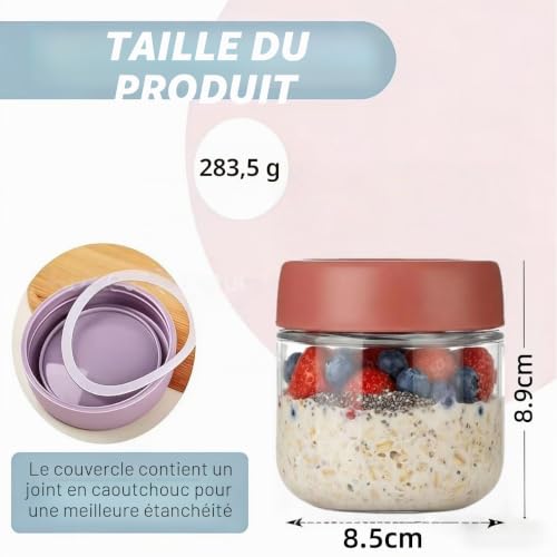 CNKHDZ 3 bocaux pour porridge, bocaux pour porridge avec couvercle, préparation des repas, bocaux réutilisables pour confiture maison, bocaux Mason avec cuillère, étiquette (Rose, 300ml) – vue 2