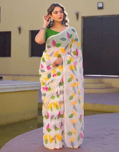 Image of SIRIL Women's Chiffon Printed Saree with Unstitched Blouse Piece