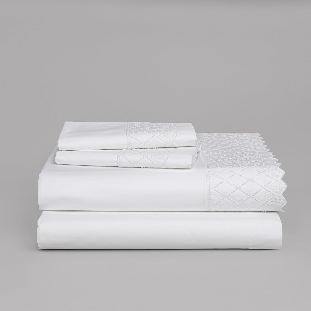 Juego de Sábanas Blancas con Tira Bordada Maya - Algodón de Satén 600 Hilos - Confort y Elegancia para Cama de 180 cm - Incluye Dos Fundas de Almohada de 50x90 cm
