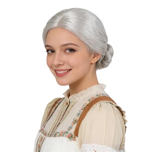 GYIOFAI Parrucca da Vecchia Signora per Donna, Parrucca da Nonna con Parruccas da Chignon per Carnevale Giornata Mondiale del Libro Uso Quotidiano Halloween Cosplay (Argento)