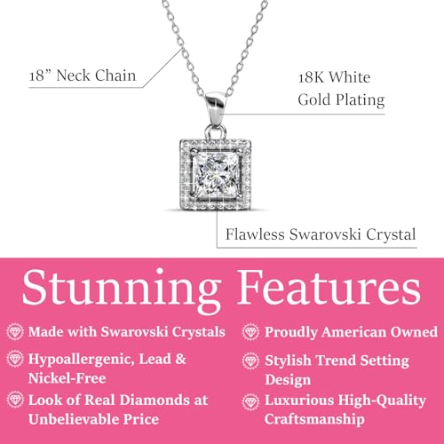 Cate & Chloe Ekatrina 18k White Gold-Plated Halo Pendant Necklace with Sparkling Square Cut Simulated Diamond Crystals, Hypoallergenic Jewelry for Women, Gift on Christmas, Anniversary — view 2