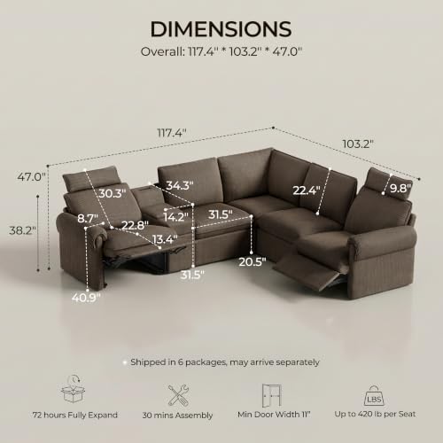 Image of CHIC HOUSE 117 inch 5-Seat L-Shaped Power Reclining Sectional Couch, Brown