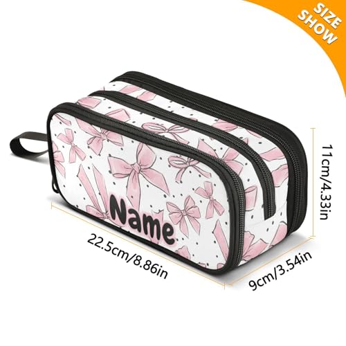 Image of Custom Pink Bows Dots Pencil Case Box Boys Girls Personalized Name Large Pencil Pouch Stationery Pen Bag Organizer for Kids Adults School Office
