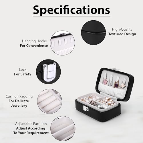 Image of BucketList PU Leather Jewellery Organizer Box with Ring Slots & Necklace Hooks | Compact Jewelry Storage Case with Secure Lock (Travel Jewellery Box Rectangular (Black))