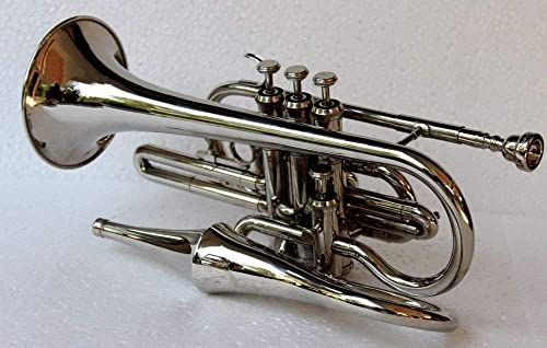 QUEENBRASS Cornet Nickle for Beginners & Intermediate Players – Bb Key Student Cornet with Mouthpiece, Carrying Case & Cleaning Kit – Compact Brass Wind Instrument for Band, Orchestra & Jazz