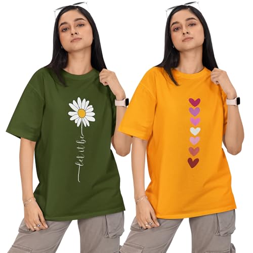Image of Reifica Women 100% Pure Cotton Drop Shoulder Loose Fit Oversized T Shirts (Combo Pack of 2)
