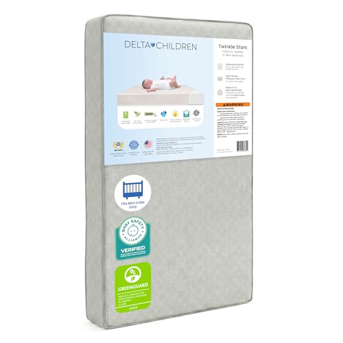 Delta Children Twinkle Stars 3-Inch Mini/Portable Crib Mattress - Premium Sustainably Sourced Fiber Core - Waterproof - GREENGUARD Gold Certified (Non-Toxic) - Trusted 10 Year Warranty - Made in USA