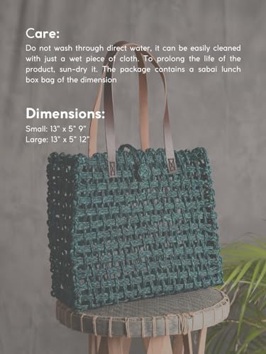 Image of KADAM HAAT Unisex-Adult Handmade Sabai Grass Lunch Bag | Dry Grass Bag For Lunch And Bottle | Tiffin Box Bag For School Or Office With Leather Handle (Indigo), Blue