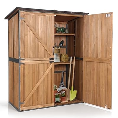 Aivituvin Storage Shed Outdoor Storage Cabinet Upgraded with All Arounded Metal Frame, Wooden Floor and Adjustable Shevels 55" L x 29" W x 67" H, Brown