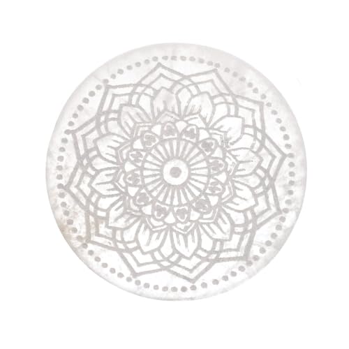 LAMARE Placa de Selenita - Placa de Carga de Cristales, Joyas y Piedras Curativas - Piedra Selenita Natural - Base de Carga Grabada - Diámetro 10 cm (Base Selenita Mandala)