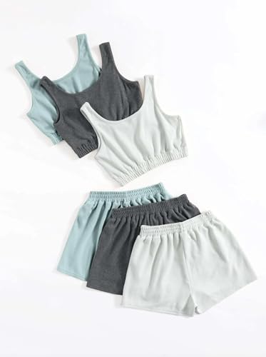 SheIn Women's 6 Pieces Outfits Crop Tank Top and Elastic Waist Shorts Set Multicolor Grey Large