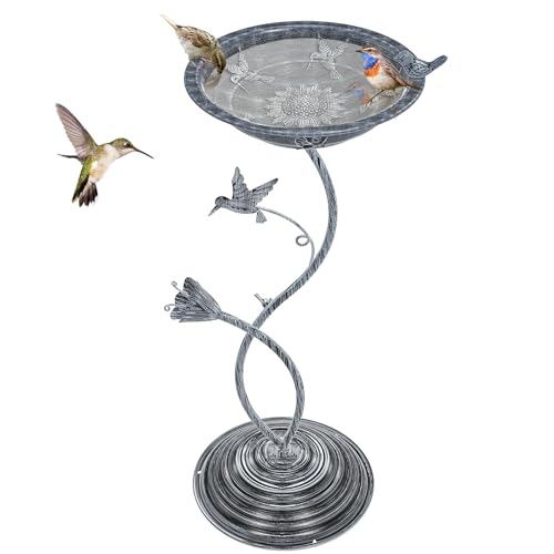Gouisalin Bird Bath Garden for Outside, Vintage Metal Birdbaths Bowl with Roman Pedestal for Outdoors, Standing Bird Bath Bowl Birdfeeder for Yard Lawn Decor (Vintage Silver - Hummingbird)