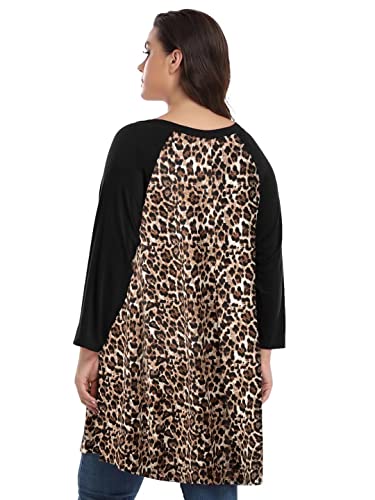 Larace Plus Size Leopard Print Tops For Women V Neck Tunic Color Block Shirts 3/4 Sleeve Raglan Tees(Flower30/Black 2X) #TOP4