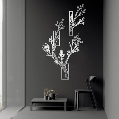 Modern Minimalist Art Metal Wall Decor Rose,Branch Art,Tree Geometric Flower ation,Living Room Hanging (Silver,53"x31"/135x78cm)