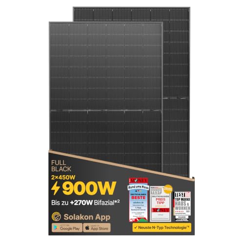 Solakon Solarpanel 450W, Bifazial Glas-Glas N-Type Solarmodul, 40v Monokristalline Solarmodule/Solar Module für Balkonkraftwerk/Solaranlage, 450w Solar Panel für Photovoltaik Komplettanlage (2 Stk)