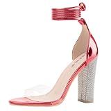 Women's Red High Heels Sandals with Rhinestone Ankle Strappy Clear Chunky Heels Dress Party Pumps Shoes
