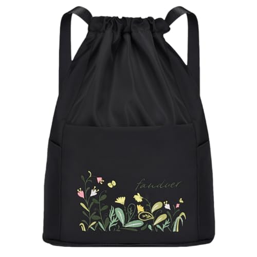 FAVORTALK Pe Bags Drawstring Dry-Wet Separation Drawstring Bags Unisex Foldable Drawstring Backpack for School Beach Travel Waterproof Swimming Bag with Zipper, Midnight Black D37403