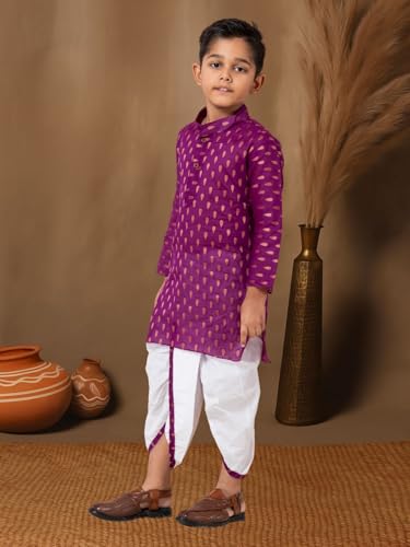 Image of Boys Dhoti Kurta Set for Kids - Cotton Kurta and Elastic Waist Dhoti - Traditional Dress